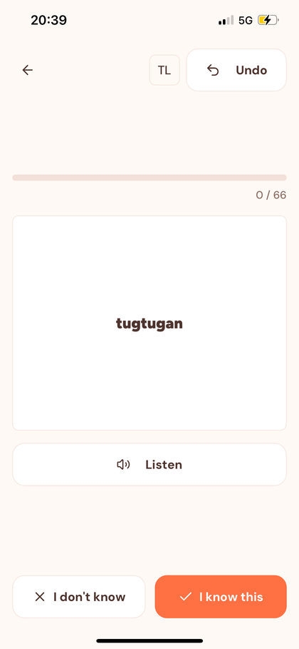 A Tagalog flashcard showing the word tugtugan, with Listen, I don’t know, and I know this controls.