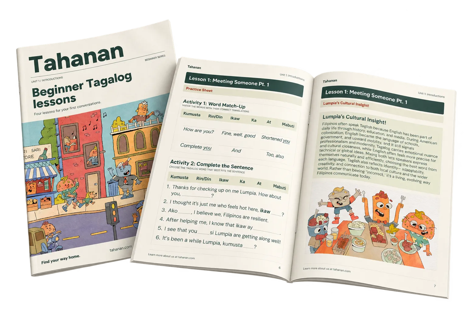The Beginner Tagalog lessons e-book cover beside a practice sheet and a cultural insight about Taglish.